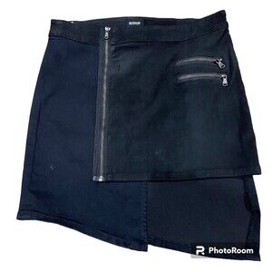 Hudson Lamb Nubuck Leather Black Denim Asymetrical Kink Mini Skirt Size 28 $415